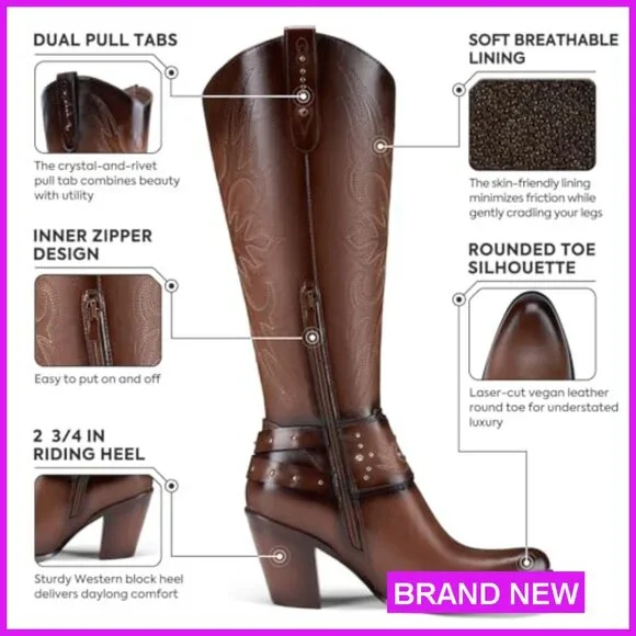 Knee High Cowboy Boots Western Style Chunky Heel Pull On Zipper Fashion - Picture 2 of 7